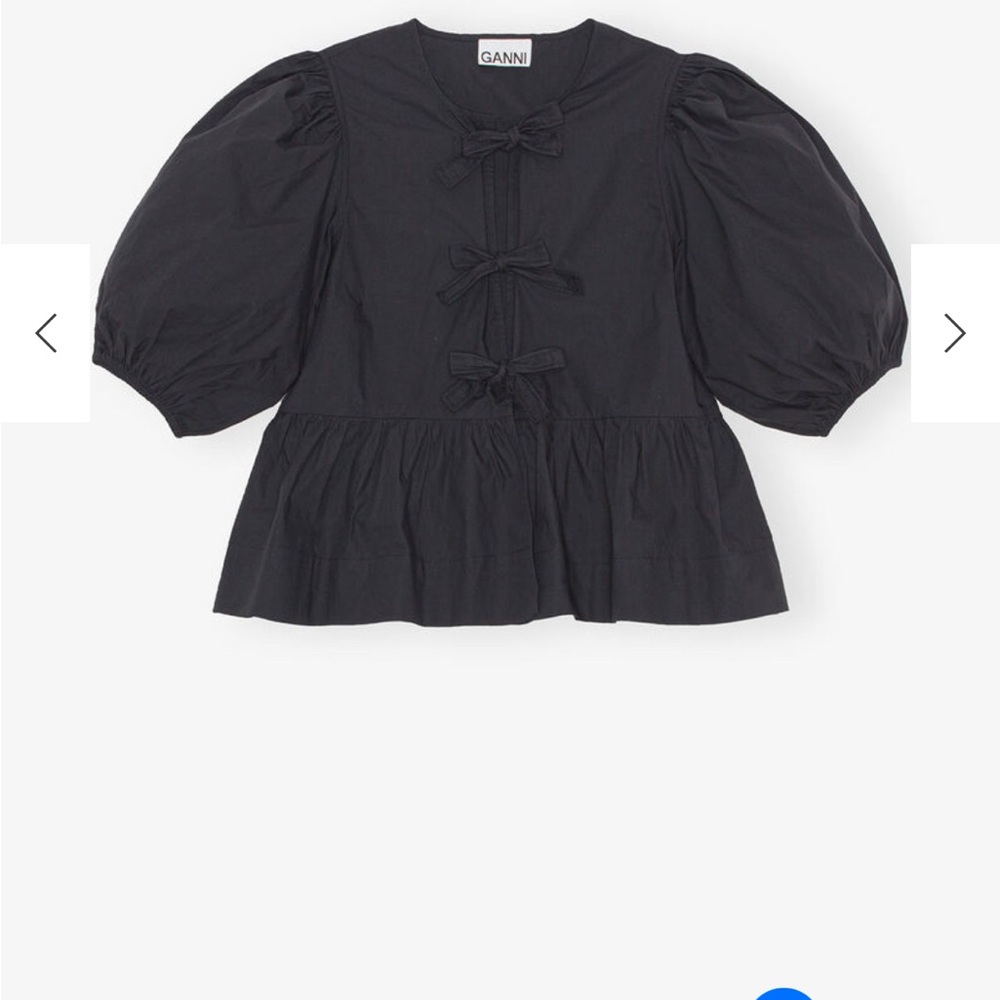 Ganni Bow Tie Puff Sleeve Top - Black